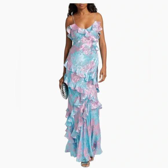 LoveShackFancy Rialto Ruffle Floral Silk-Blend Dress in Cotton Candy Swirl - Picture 1 of 4